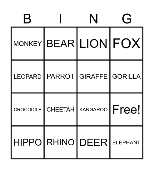 Wild animals Bingo Card