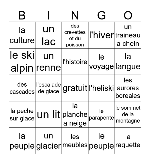 Destinations d'hiver Bingo Card