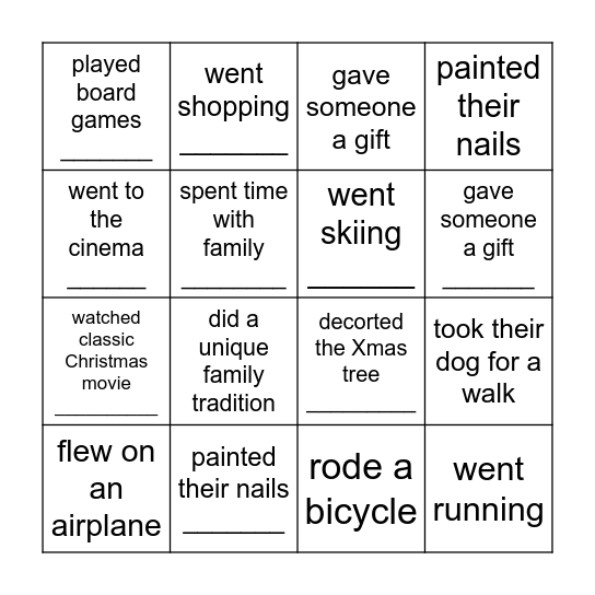 Find someone who-- Christmas Break Bingo Card