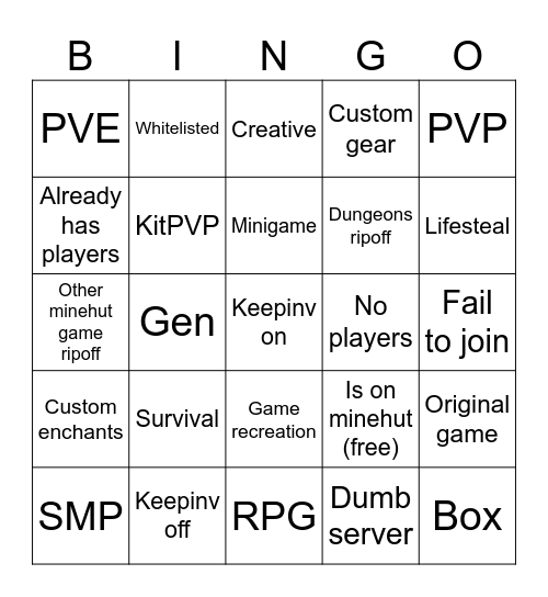 Minehut bingo Card