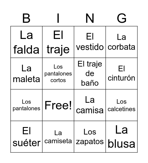 Clothing vocabulary in Spanish Bingo Card