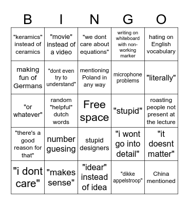 production class Bingo Card