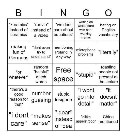 production class Bingo Card