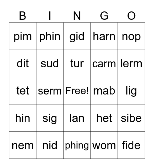 Nonsense Words Bingo Card