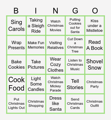Christmas Activities Bingo Card