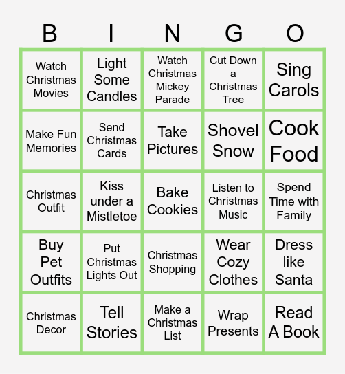 Christmas Activities Bingo Card