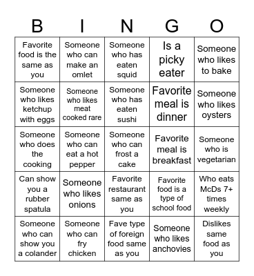 Get to Know You Bingo (Foods) Bingo Card