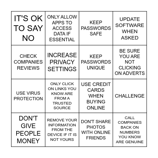 STAYING SAFE ONLINE BINGO Card