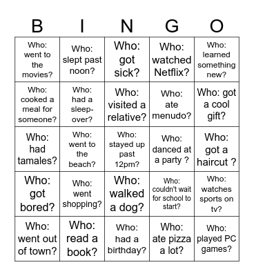 Back-to-School Bingo - What did you do over the holiday? Bingo Card