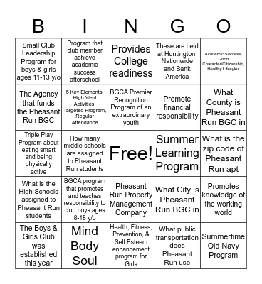 Pheasant Run BGCA Card Bingo Card