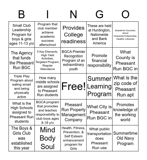 Pheasant Run BGCA Card Bingo Card