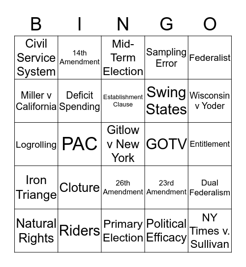 AP Government Bingo Game #1 Bingo Card