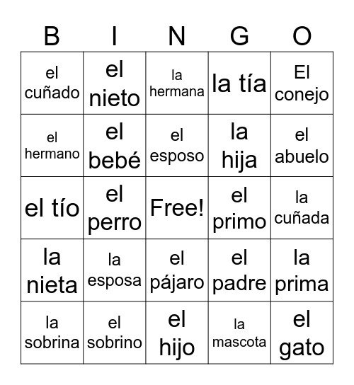 La familia Bingo Card