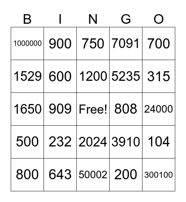 Numbers 100-1,000,000 Bingo Card