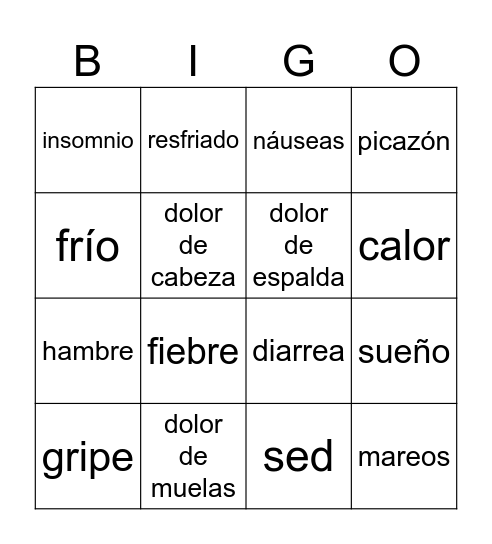 Enfermedades y síntomas Bingo Card