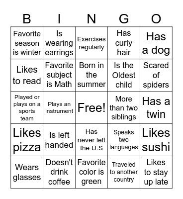 Getting To Know You Bingo Card