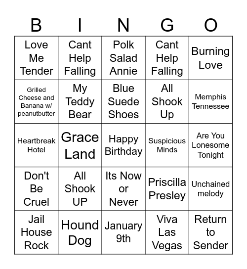Elvis Birthday Bingo Card