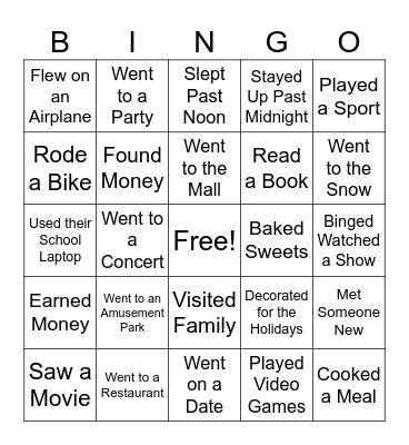 Winter Break BINGO Card