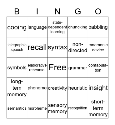 Memory, Thought, and language Bingo Card