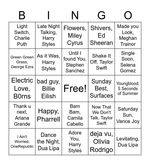 Music Bingo Card