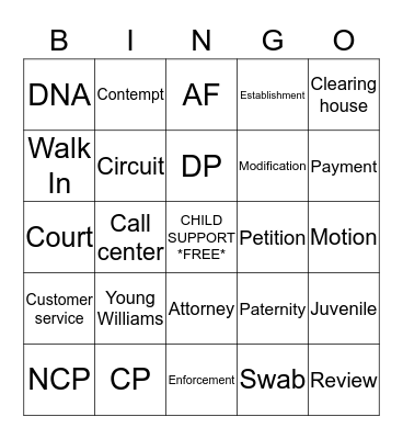 A Day in Child Support Bingo Card