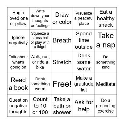 Coping Skills Bingo Card