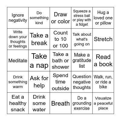 Coping Skills Bingo Card
