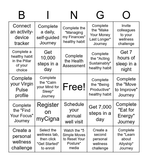 Cigna Wellness Together with Virgin Pulse Bingo Card