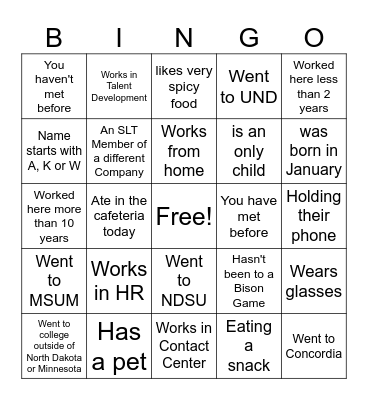 Find Someone/Meet Someone Bingo Card