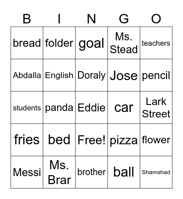 Common and Proper Nouns Bingo Card