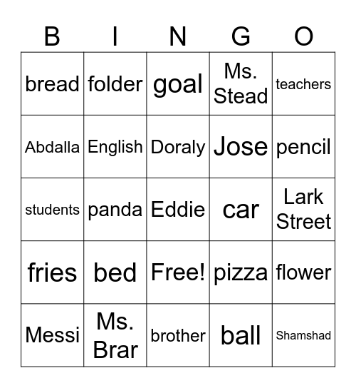 Common and Proper Nouns Bingo Card