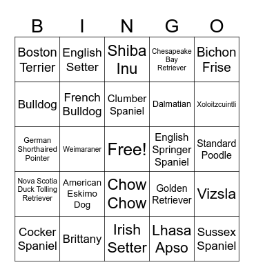 Dog Breeds Bingo Card