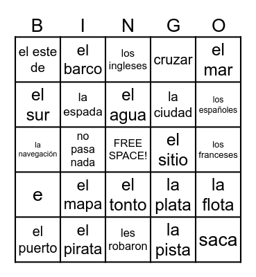 Piratas del Caribe y El Mapa Secreta Vocabulario Bingo Card