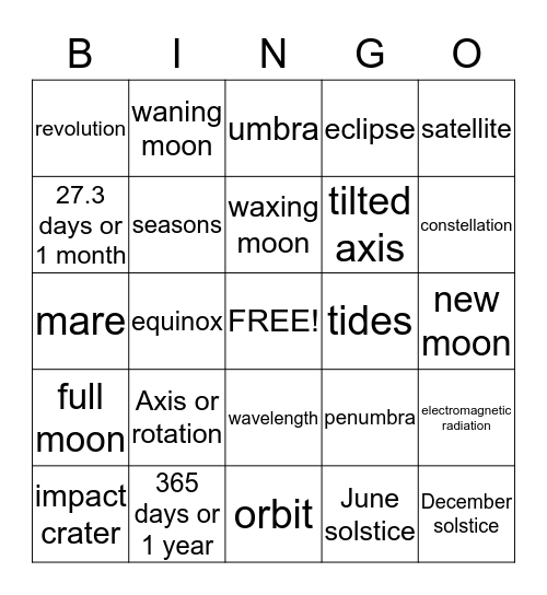 Space Science Bingo Card