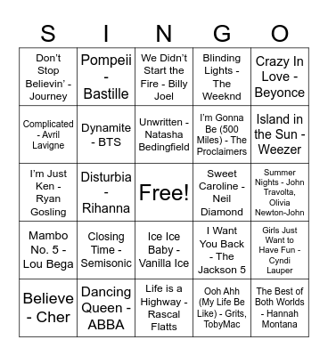 SINGO! Bingo Card