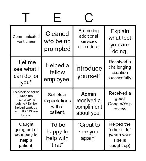 TEC Clinic Bingo Card