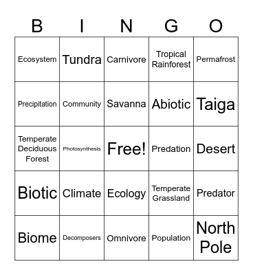 Biomes Bingo Card