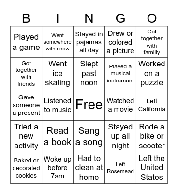 What did you do over Winter break? Bingo Card