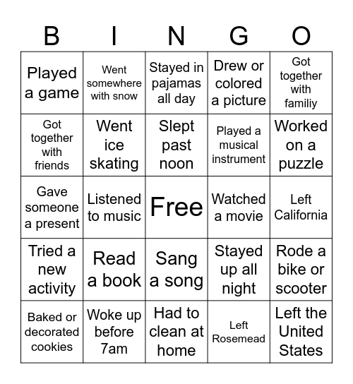 What did you do over Winter break? Bingo Card