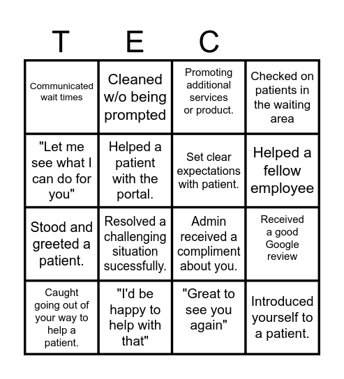 TEC Front and Optical Bingo Card