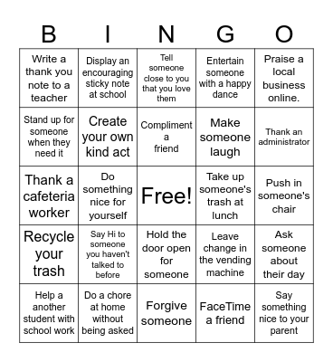 Random Acts of Kindness Bingo Card