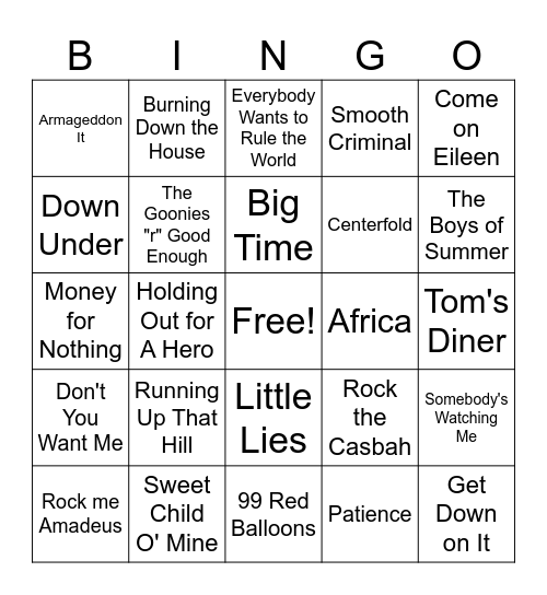 1980's Music Bingo 2 Bingo Card