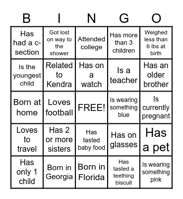 Baby Shower Ice Breaker Bingo Card