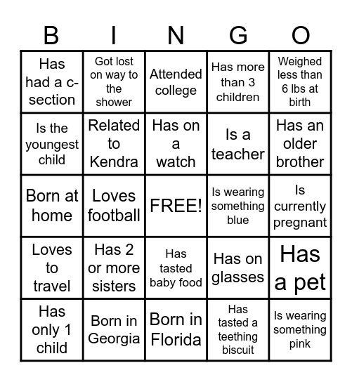 Baby Shower Ice Breaker Bingo Card