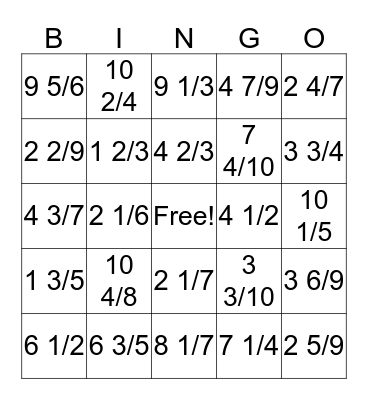 Improper Fractions into Mixed Numbers Bingo Card