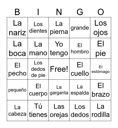 El Cuerpo: Body Vocabulary Bingo Card