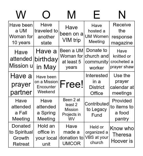 United Methodist Women Bingo Card
