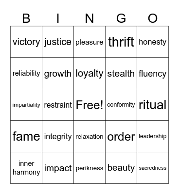 Values Bingo Card