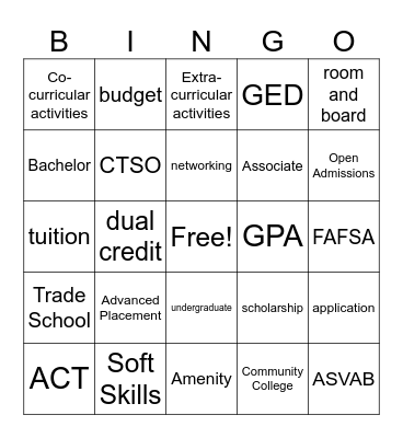 Career and College Exploration Review #1 Bingo Card