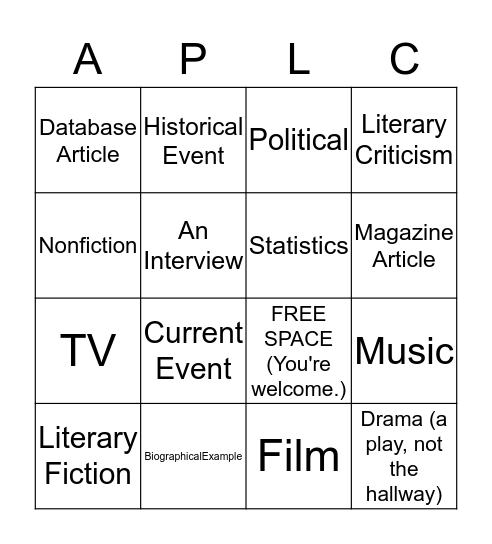 Argument Essay Bingo Card